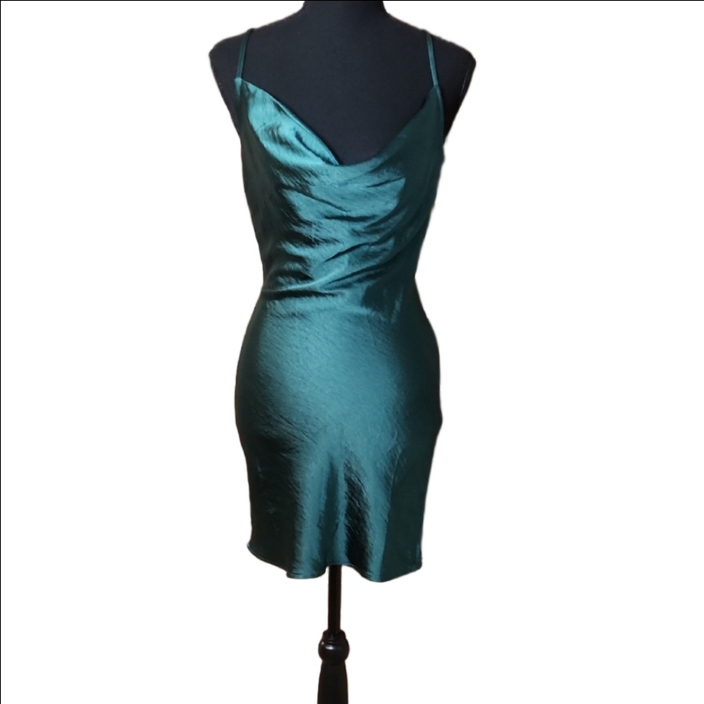 NWT Nasty Gal Emerald Green Satin Mini Dress, Size Zero